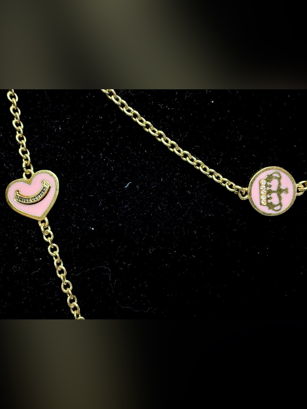 Juicy Couture Gold Long Station Necklace Pink Enamel Charms Y2K - Picture 2 of 4